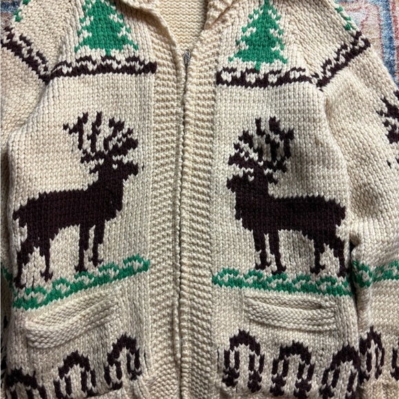 Vintage 70s Deer Zip-up Wool Cowichan Sweater Medium - Picture 4 of 8